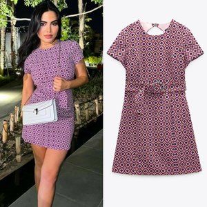 ZARA NWT Geometric Print Belted Mini Dress Pink XS